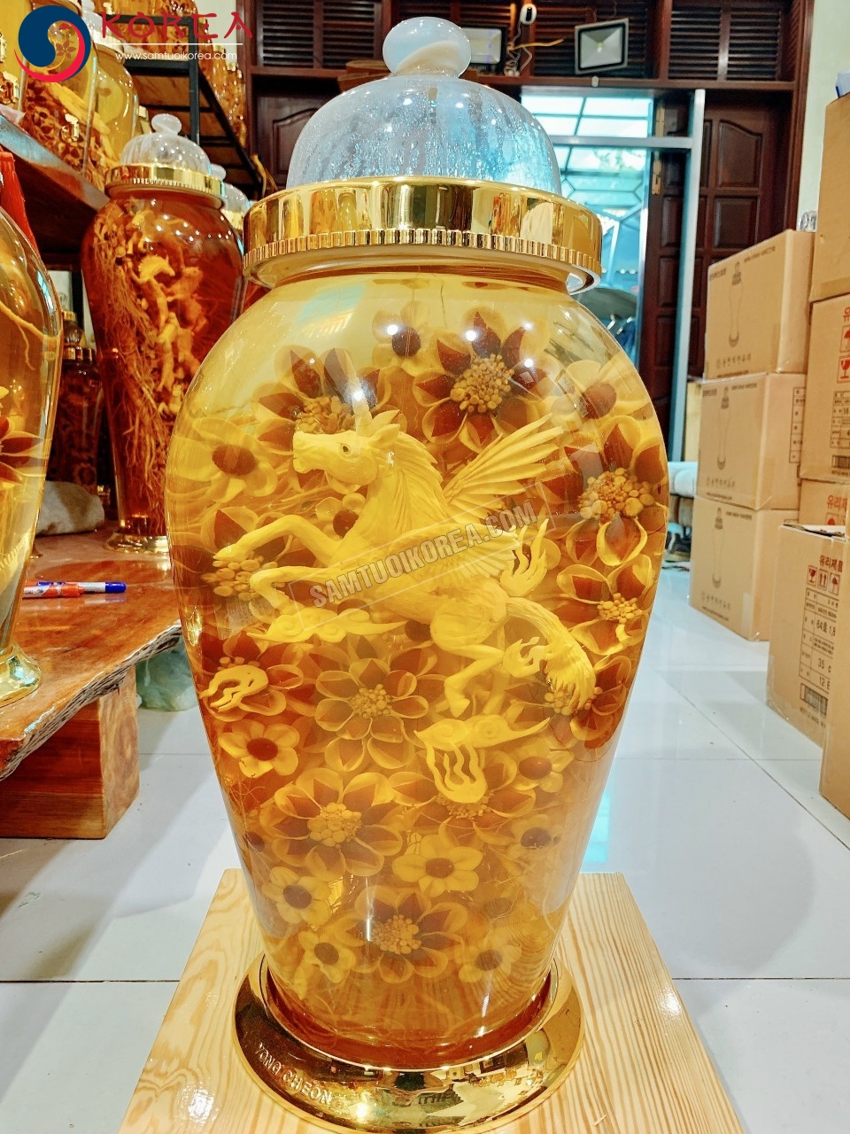 Bình rượu sâm Nhất Mã Phi Thiên 30 lít bình số 2 điêu khắc cao cấp tại Sâm Tươi Korea